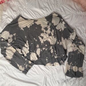 Hashtag Grey Bleached Tie Dye Long Sleeve Crop Top Waffle Fabric